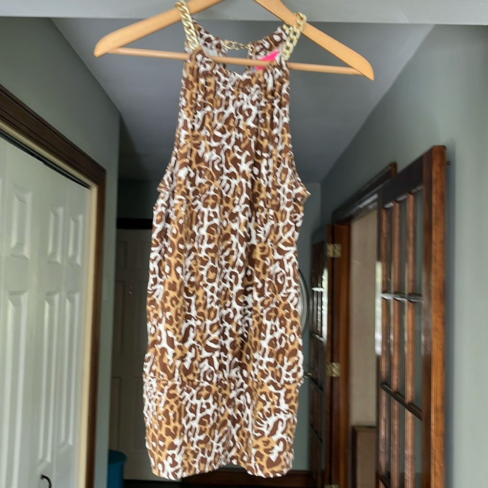 Lilly Pulitzer Sleeveless Halter Top Cheetah Print Size S Brown White Gold Trim